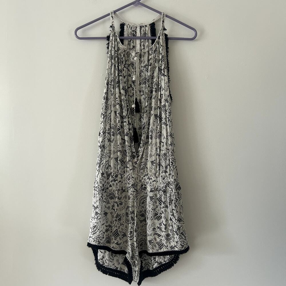 Poupette St. Barth Black White Tassel Fringe Romper Size L